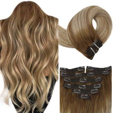 Clip in Extensions Human Hair 7 Pieces Balayage Highlights #6/60/6 - FShine Shop
